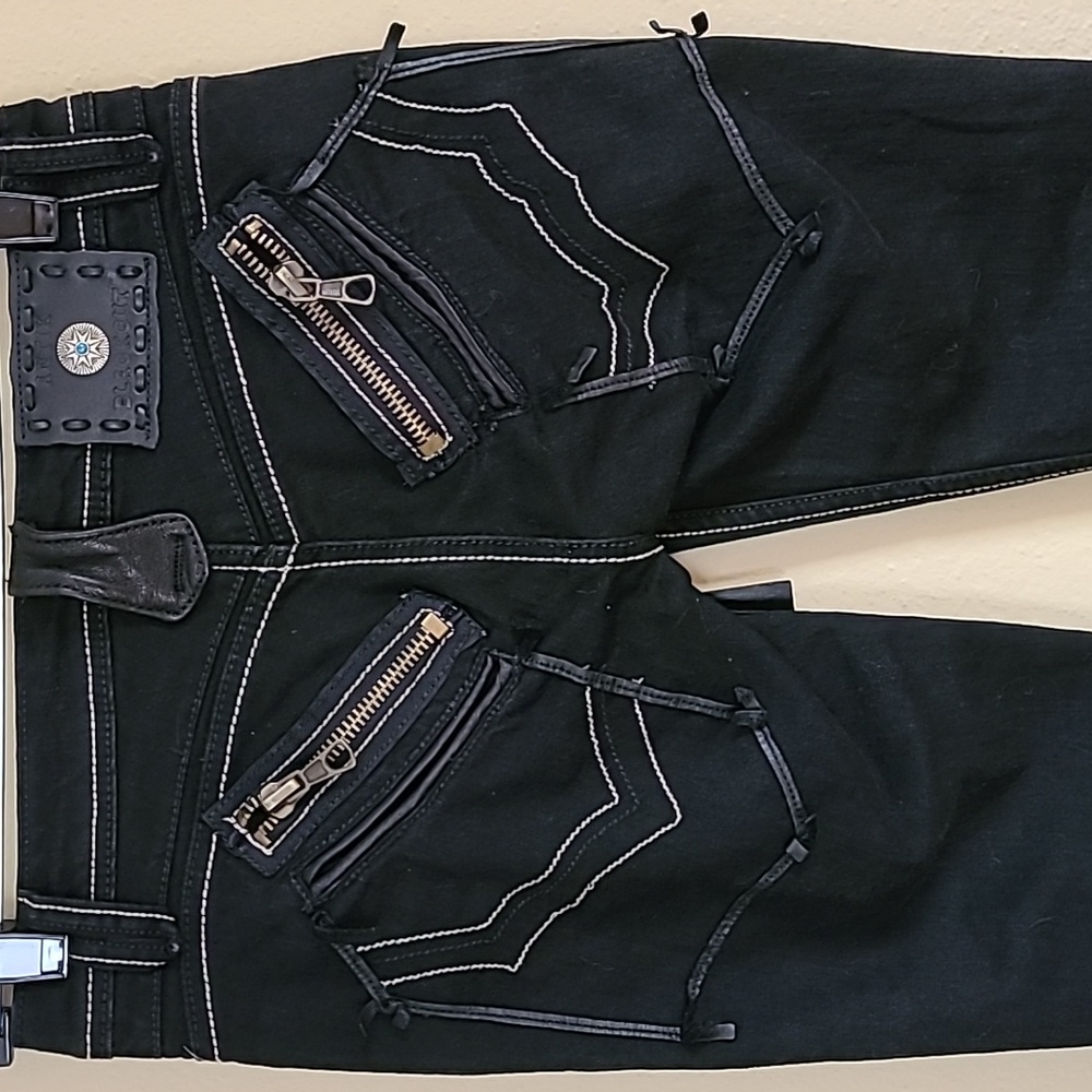NEW Antik Y2K jeans black Blackout 29 x 32 zip ankle leather embellished stretch